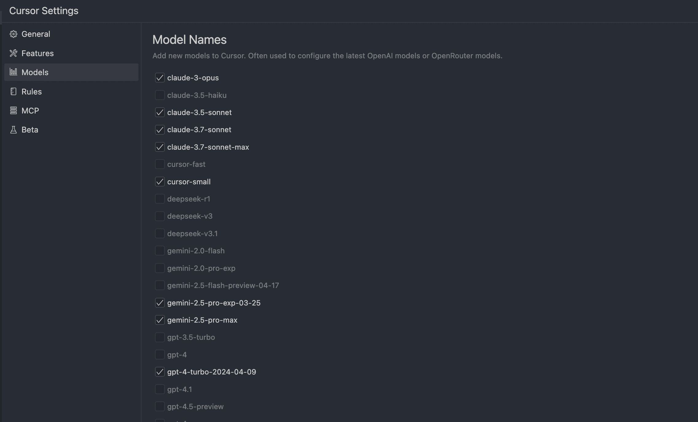 Cursor IDE AI model selection