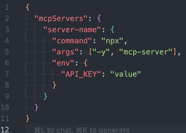 Screenshot of Cursor MCP configuration JSON in an editor