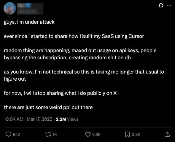 Vibe coding tweet about a failed app