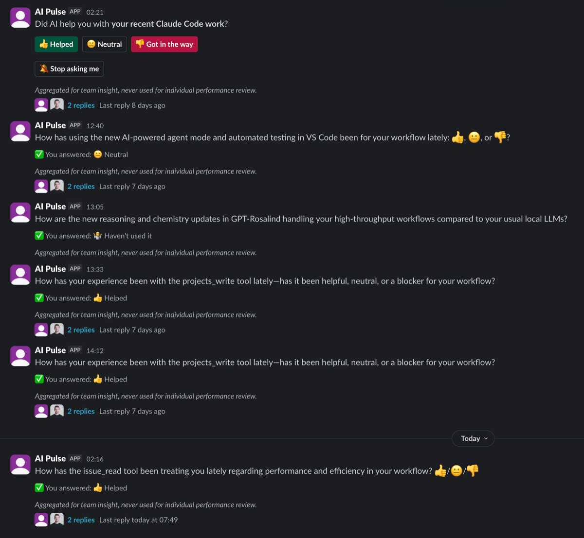 Slack channel where the AI Pulse bot asks short survey questions with emoji reactions as answers