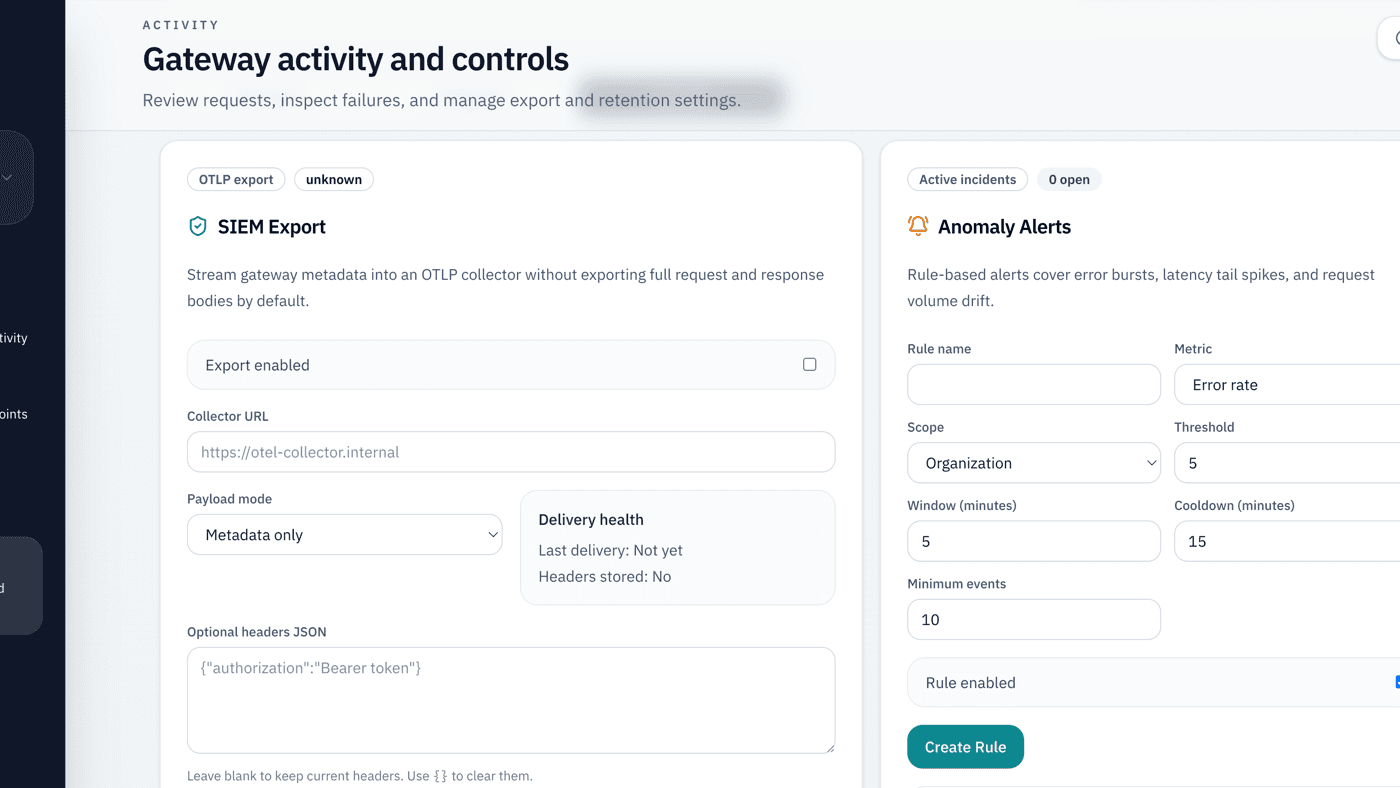 MCP Gateway controls screen with SIEM export and anomaly alert configuration